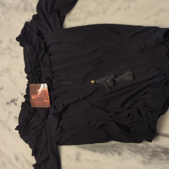 IMAN black tassel ruffle neck blouse 3/4 sleeved w/ elastic cuffs and hem small - Picture 8 of 13